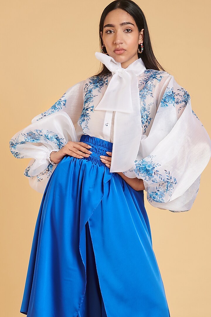 Ivory & Blue Organza Printed Shirt by Siddartha Tytler at Pernia's Pop Up Shop