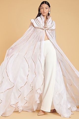 Ivory & Gold Organza Cape by Siddartha Tytler