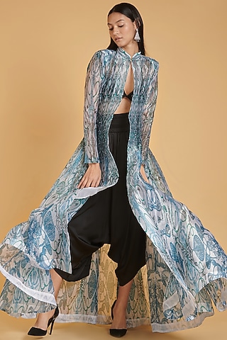Ivory & Turquoise Printed Jacket by Siddartha Tytler