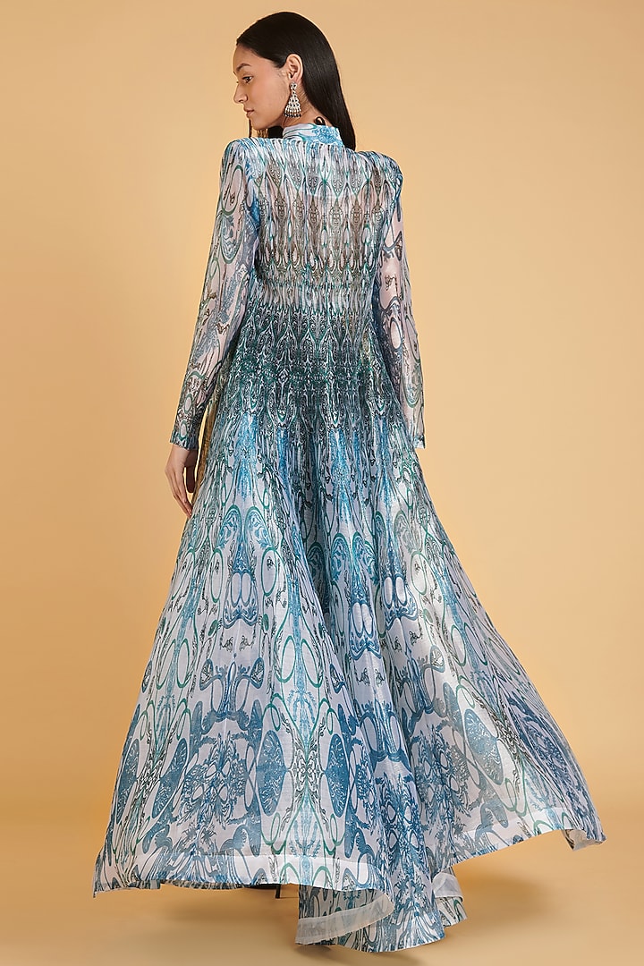 Ivory & Turquoise Printed Jacket by Siddartha Tytler at Pernia's Pop Up Shop