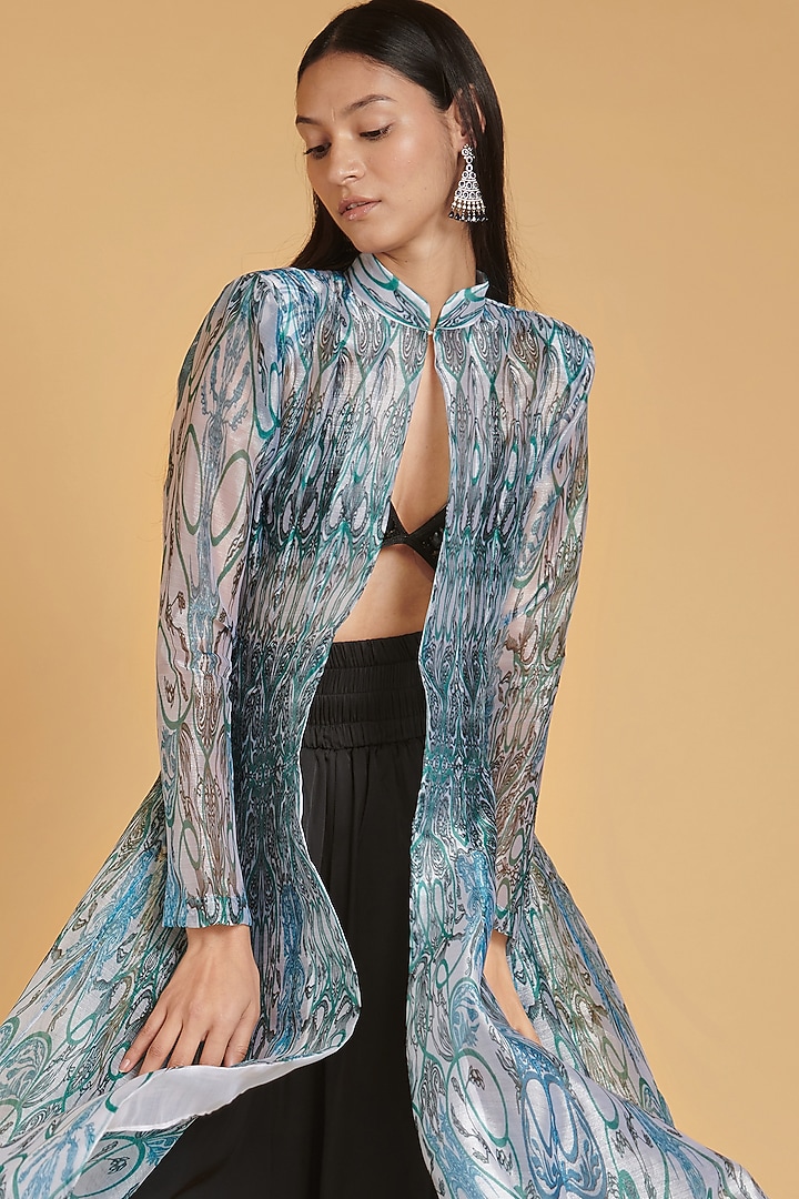 Ivory & Turquoise Printed Jacket by Siddartha Tytler at Pernia's Pop Up Shop