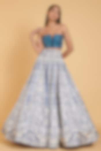 Ivory & Blue Shimmer Taffeta Floral printed Wedding Lehenga Set by Siddartha Tytler at Pernia's Pop Up Shop