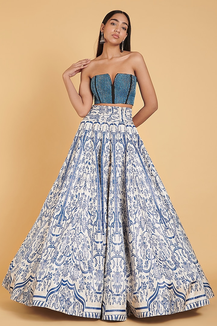 Ivory & Blue Shimmer Taffeta Floral printed Wedding Lehenga Set by Siddartha Tytler at Pernia's Pop Up Shop