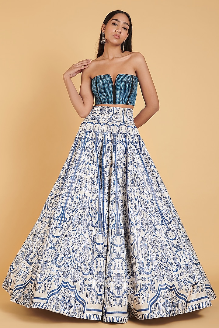 Ivory & Blue Printed Lehenga Set by Siddartha Tytler