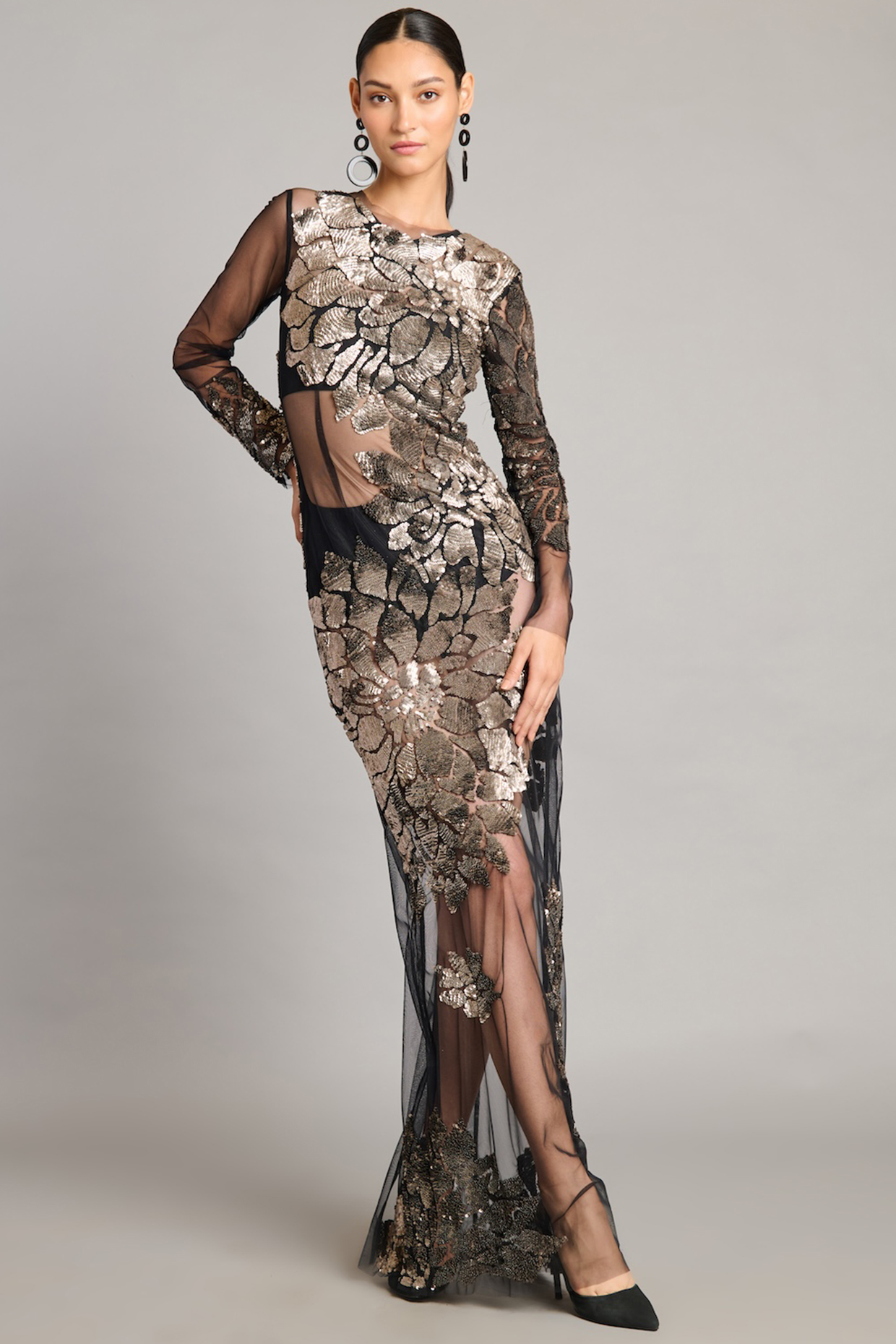 Black Net 3D Floral Embroidered Sheer Wedding Gown  by Siddartha Tytler at Pernia's Pop Up Shop