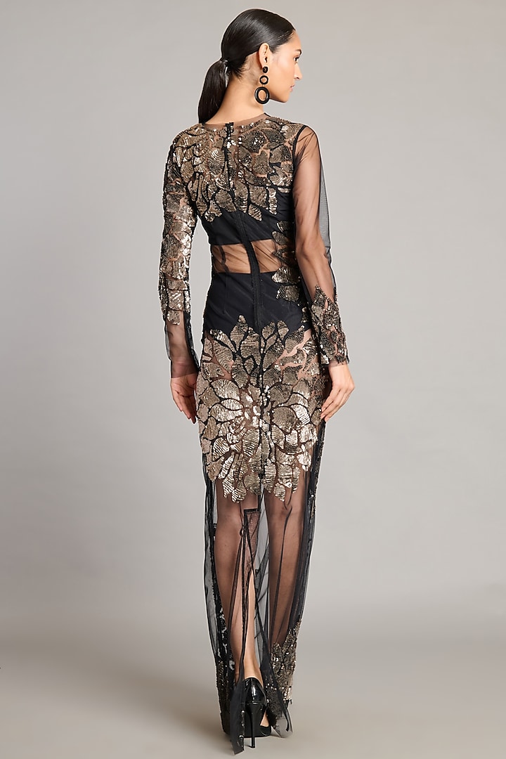Black Net 3D Floral Embroidered Sheer Wedding Gown by Siddartha Tytler at Pernia's Pop Up Shop