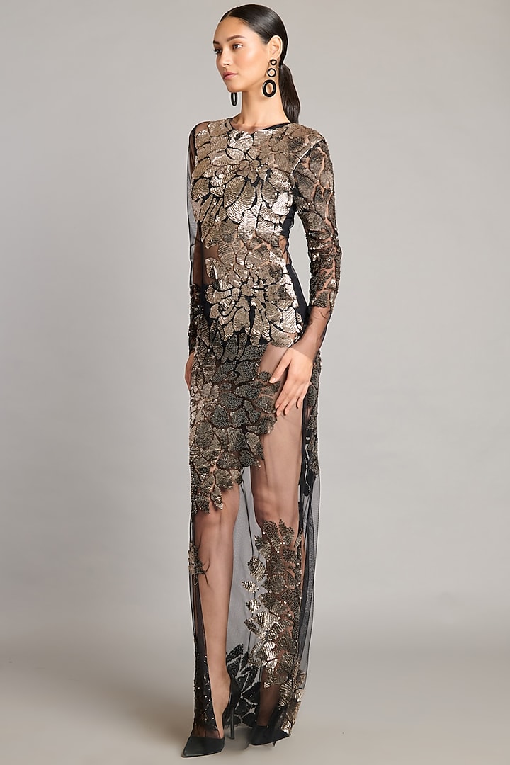 Black Net 3D Floral Embroidered Sheer Wedding Gown by Siddartha Tytler at Pernia's Pop Up Shop