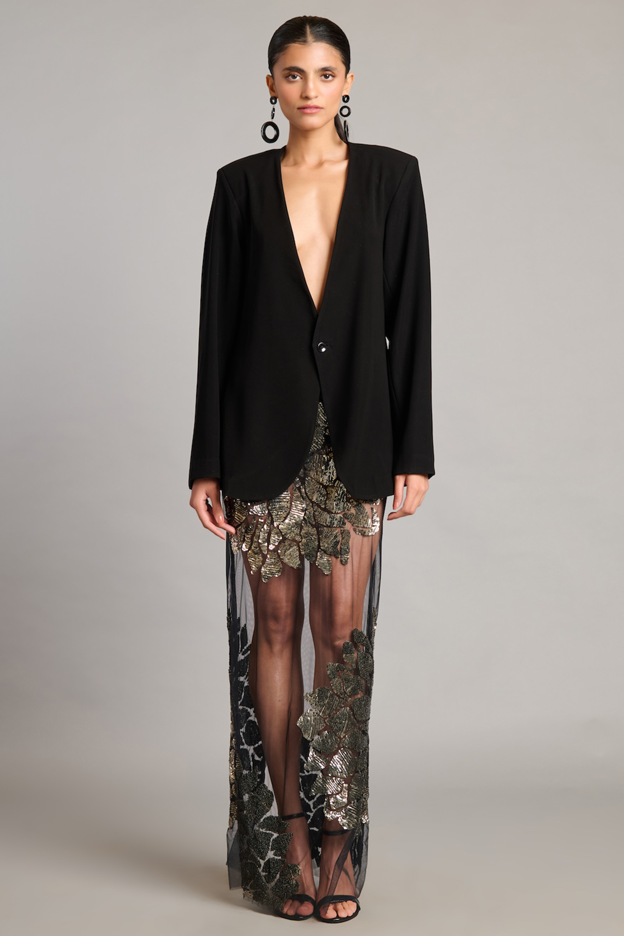 Black Net Floral Embroidered Sheer Skirt by Siddartha Tytler at Pernia's Pop Up Shop