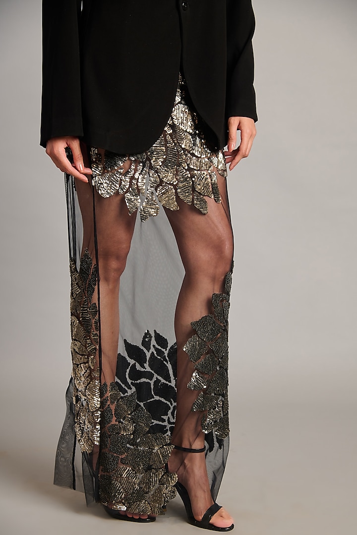Black Net Floral Embroidered Sheer Skirt by Siddartha Tytler at Pernia's Pop Up Shop