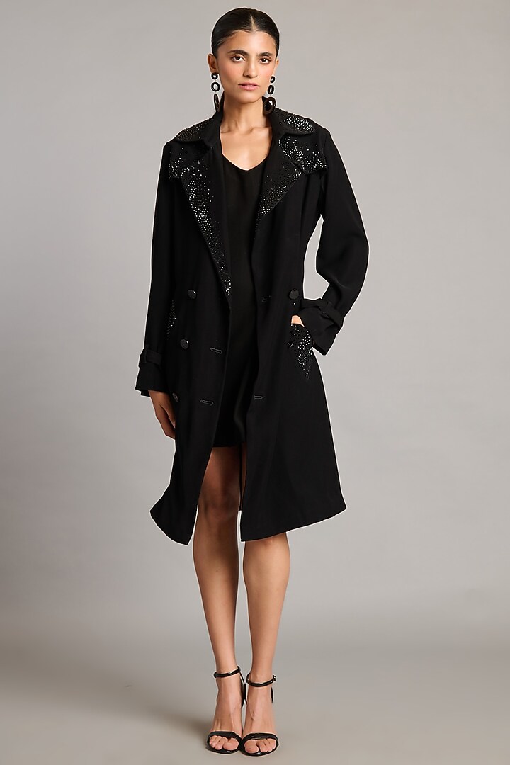Black Microfiber & Knit Trench by Siddartha Tytler at Pernia's Pop Up Shop