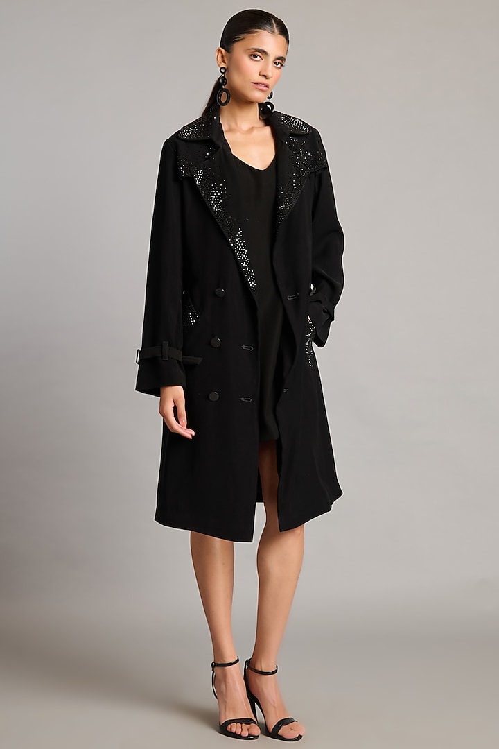 Black Microfiber & Knit Trench by Siddartha Tytler at Pernia's Pop Up Shop