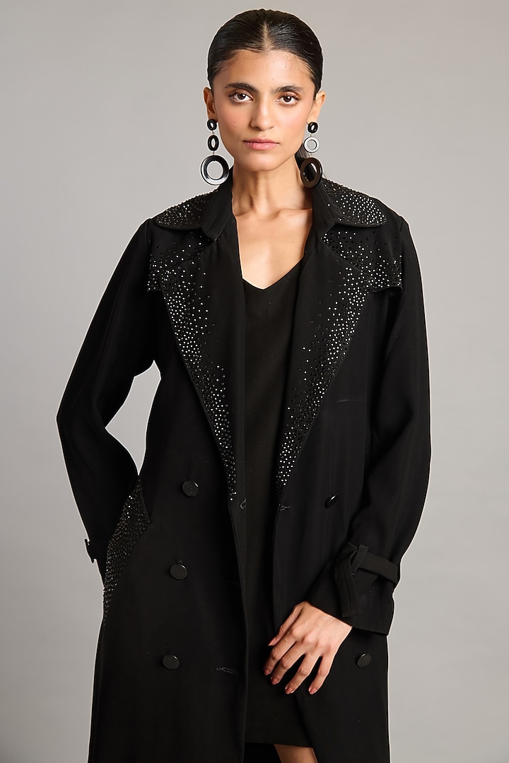 Black Microfiber & Knit Trench by Siddartha Tytler at Pernia's Pop Up Shop
