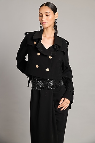 Black Microfiber & Knit Crop Trench by Siddartha Tytler
