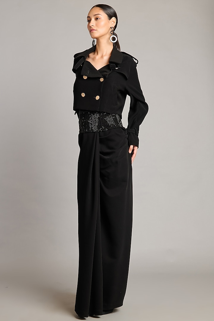 Black Microfiber & Knit Crop Trench by Siddartha Tytler at Pernia's Pop Up Shop