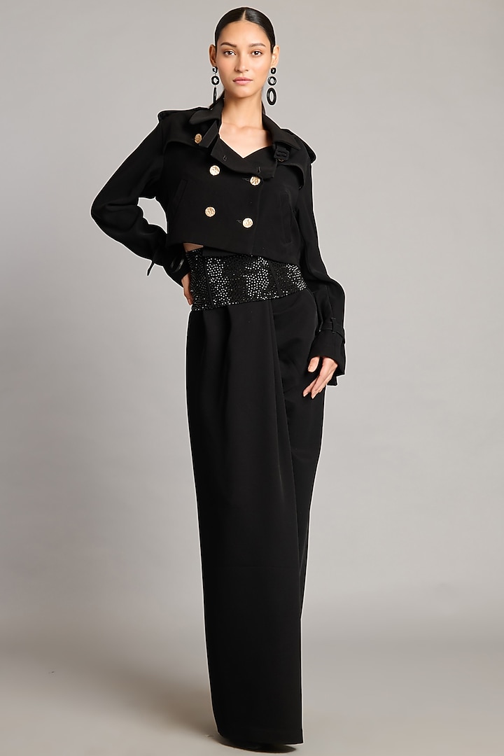 Black Microfiber & Knit Draped Lungi Skirt by Siddartha Tytler at Pernia's Pop Up Shop