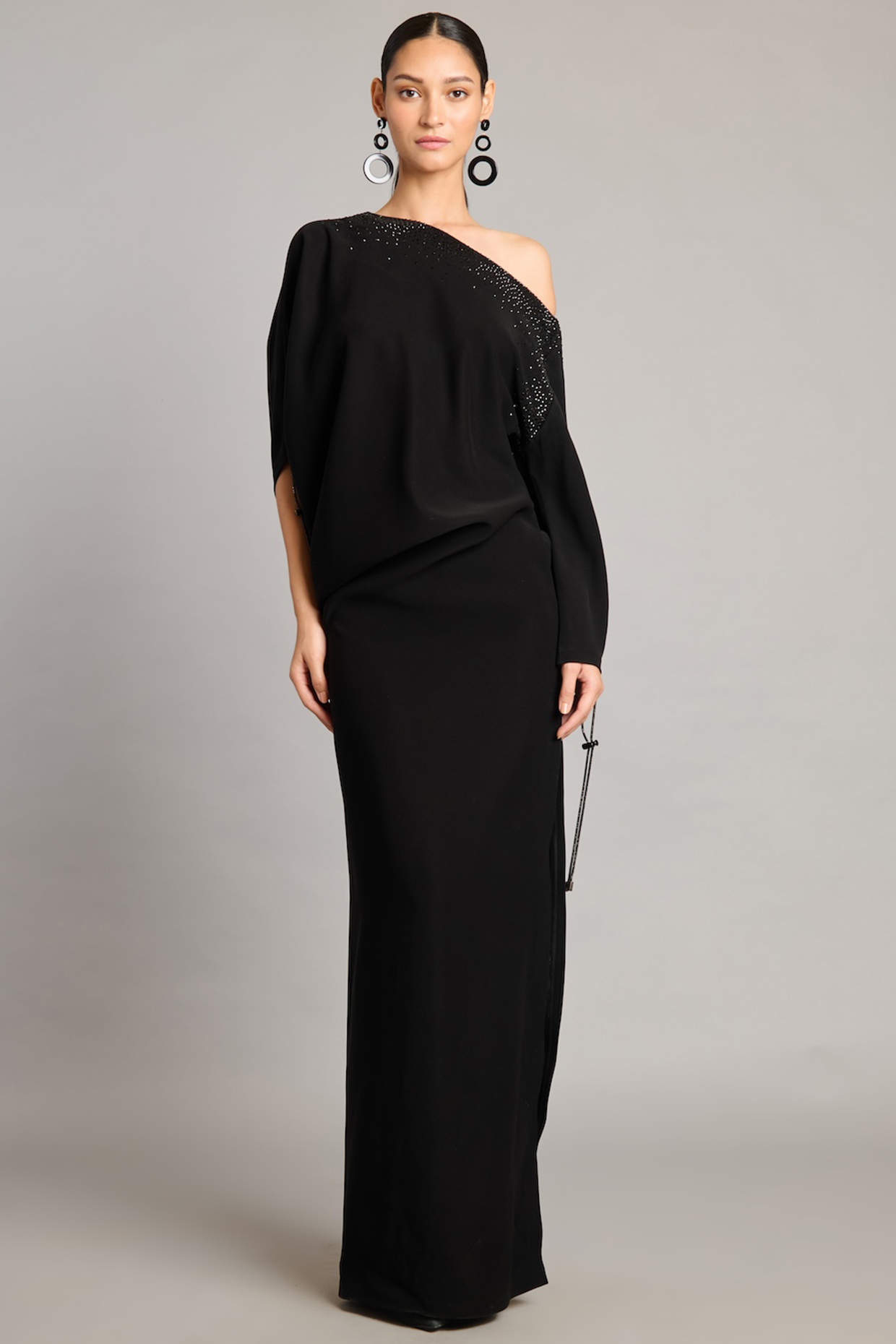 Black Microfiber & Knit Asymmetric Engagement Gown by Siddartha Tytler at Pernia's Pop Up Shop