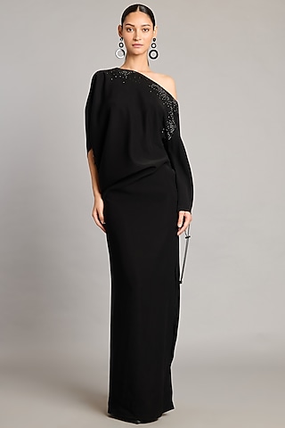 Black Microfiber & Knit Asymmetric Gown by Siddartha Tytler