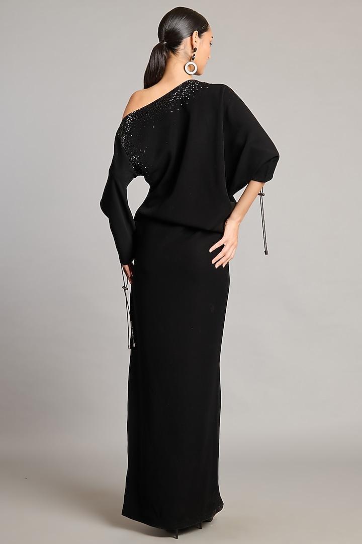 Black Microfiber & Knit Asymmetric Engagement Gown by Siddartha Tytler at Pernia's Pop Up Shop