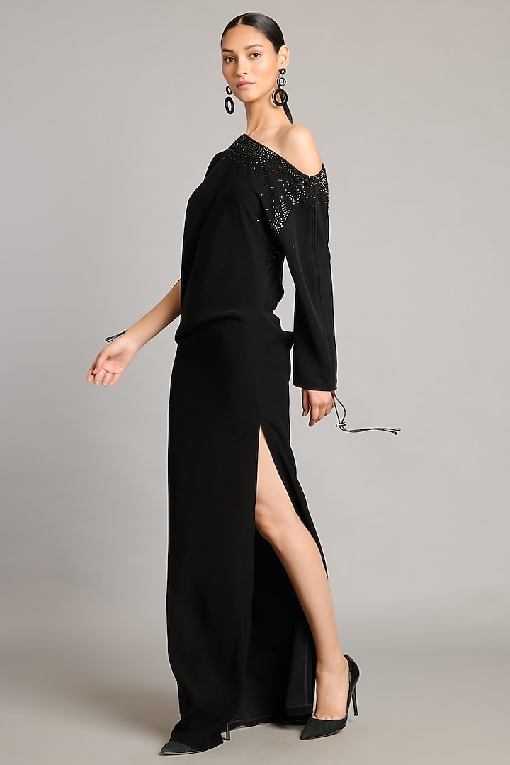 Black Microfiber & Knit Asymmetric Engagement Gown by Siddartha Tytler at Pernia's Pop Up Shop