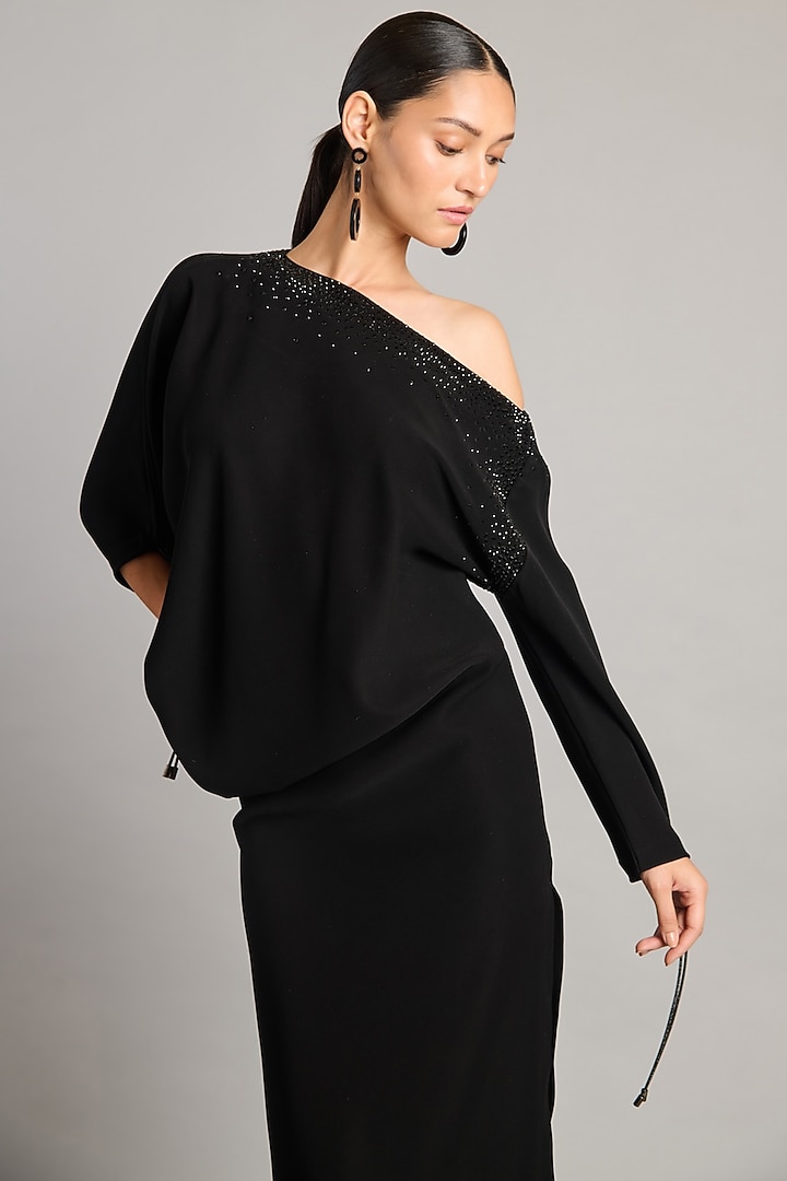 Black Microfiber & Knit Asymmetric Engagement Gown by Siddartha Tytler at Pernia's Pop Up Shop