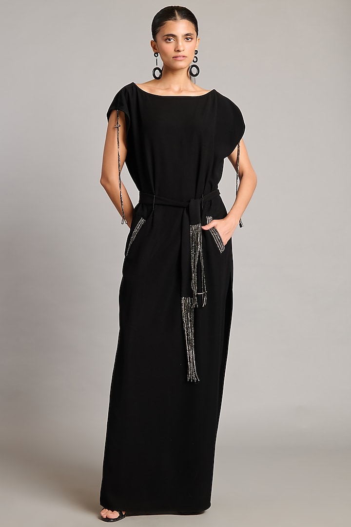 Black Microfiber & Knit Kaftan by Siddartha Tytler at Pernia's Pop Up Shop