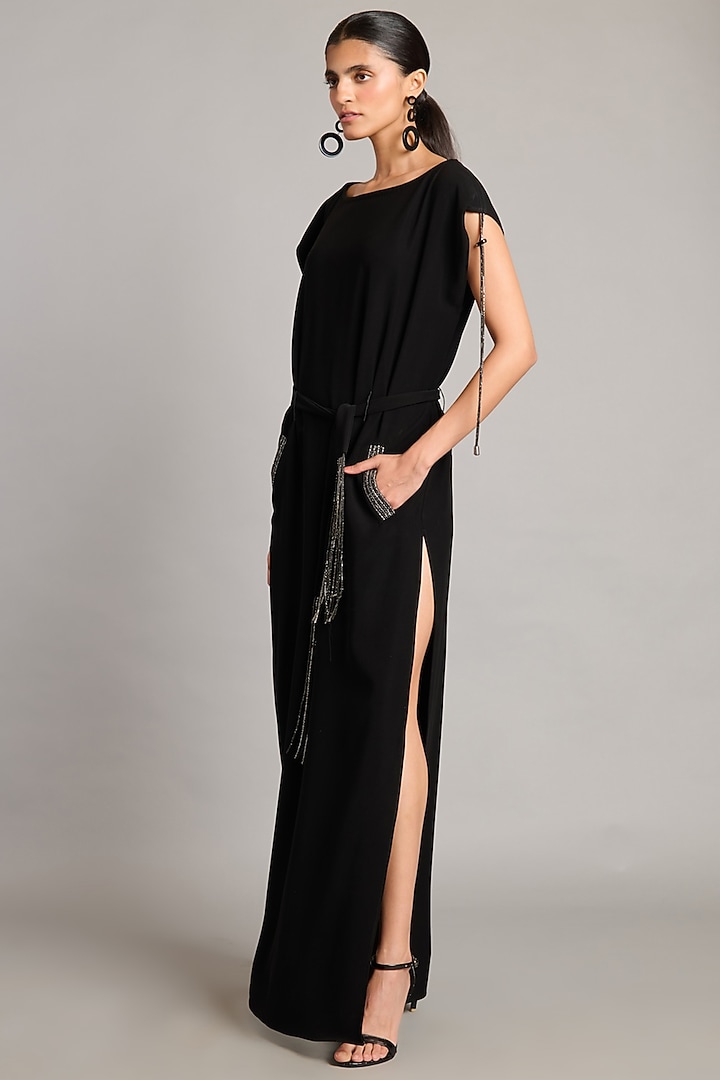 Black Microfiber & Knit Kaftan by Siddartha Tytler at Pernia's Pop Up Shop