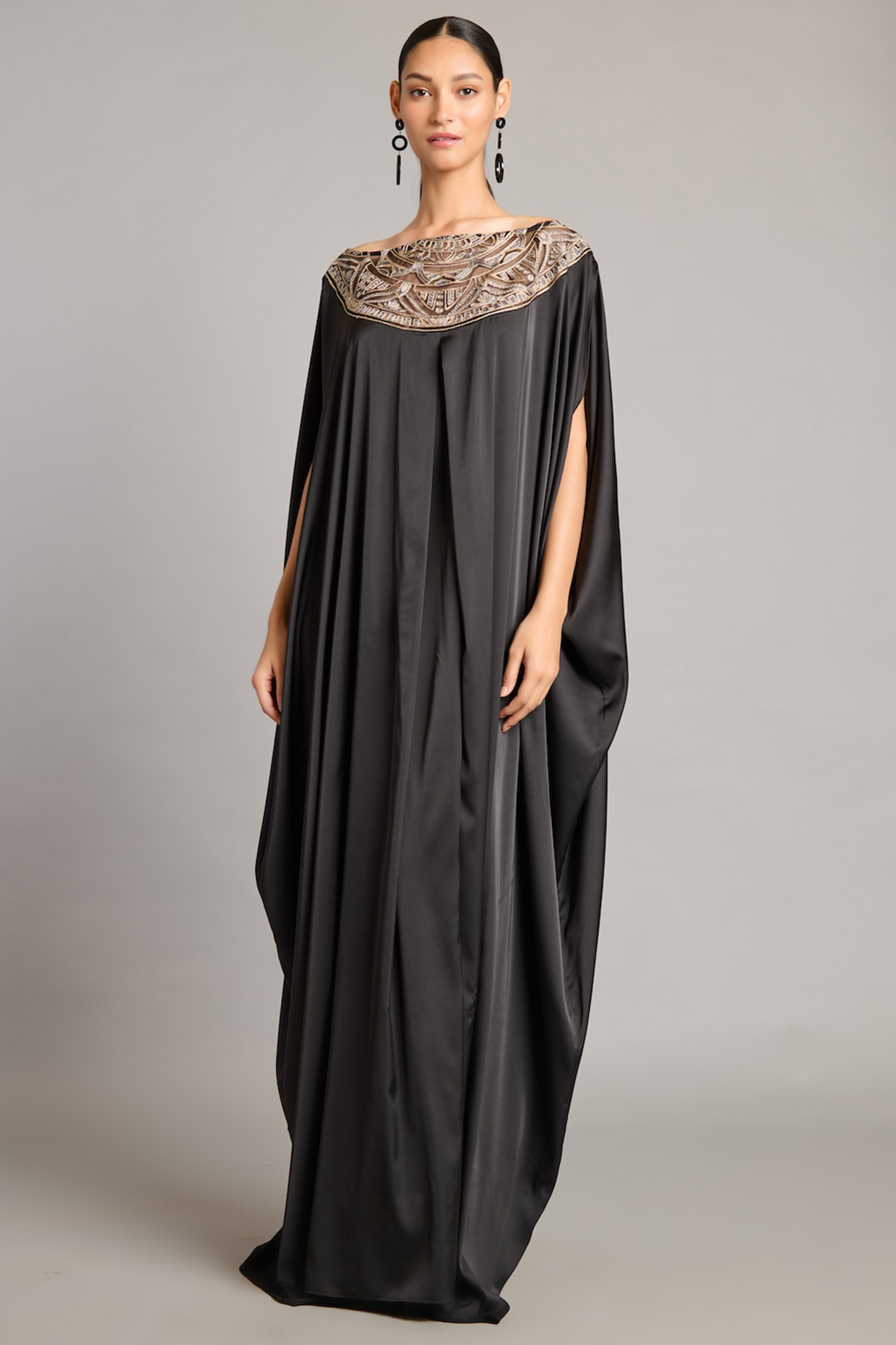 Black Satin Zari Embroidered Kaftan by Siddartha Tytler at Pernia's Pop Up Shop