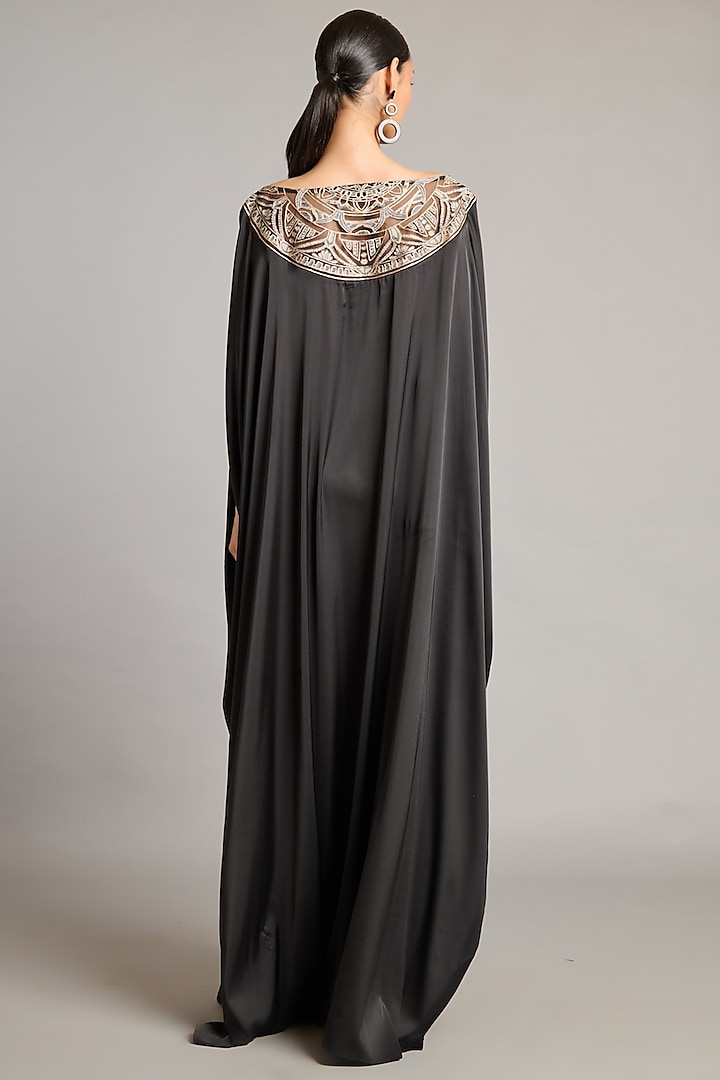 Black Satin Zari Embroidered Kaftan by Siddartha Tytler at Pernia's Pop Up Shop