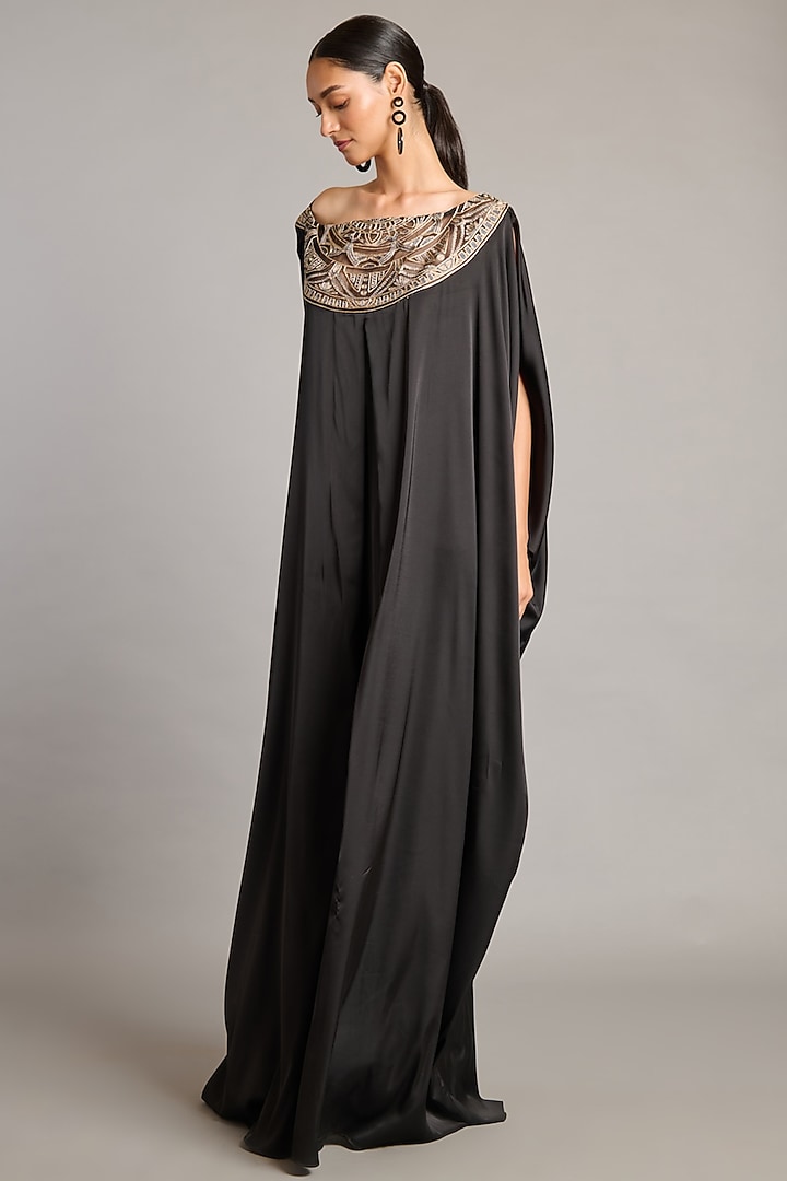 Black Satin Zari Embroidered Kaftan by Siddartha Tytler at Pernia's Pop Up Shop