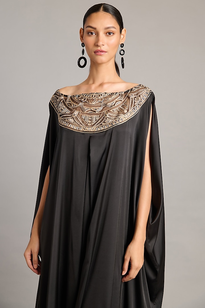Black Satin Zari Embroidered Kaftan by Siddartha Tytler at Pernia's Pop Up Shop