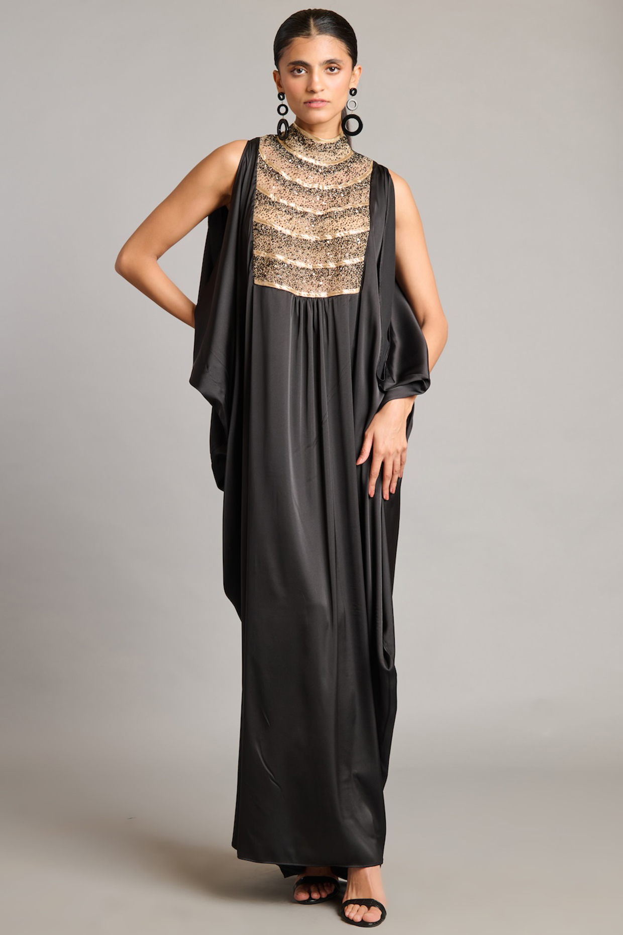 Black Satin Kaftan by Siddartha Tytler at Pernia's Pop Up Shop
