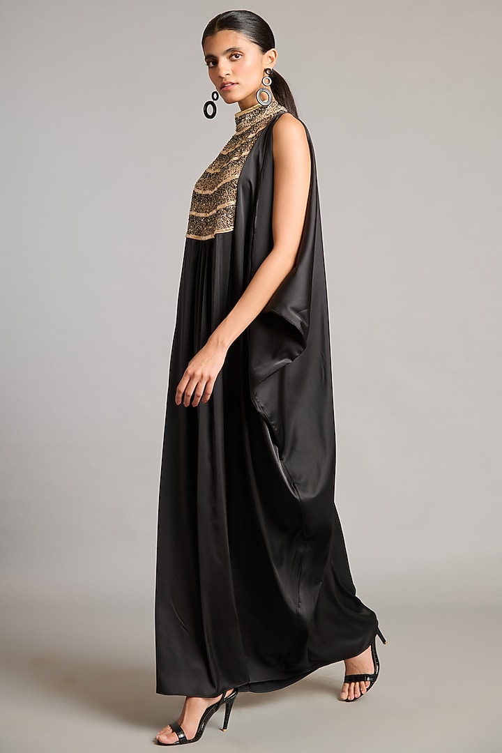 Black Satin Kaftan by Siddartha Tytler at Pernia's Pop Up Shop