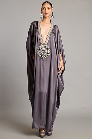 Charcoal Grey Satin Embellished Kaftan by Siddartha Tytler