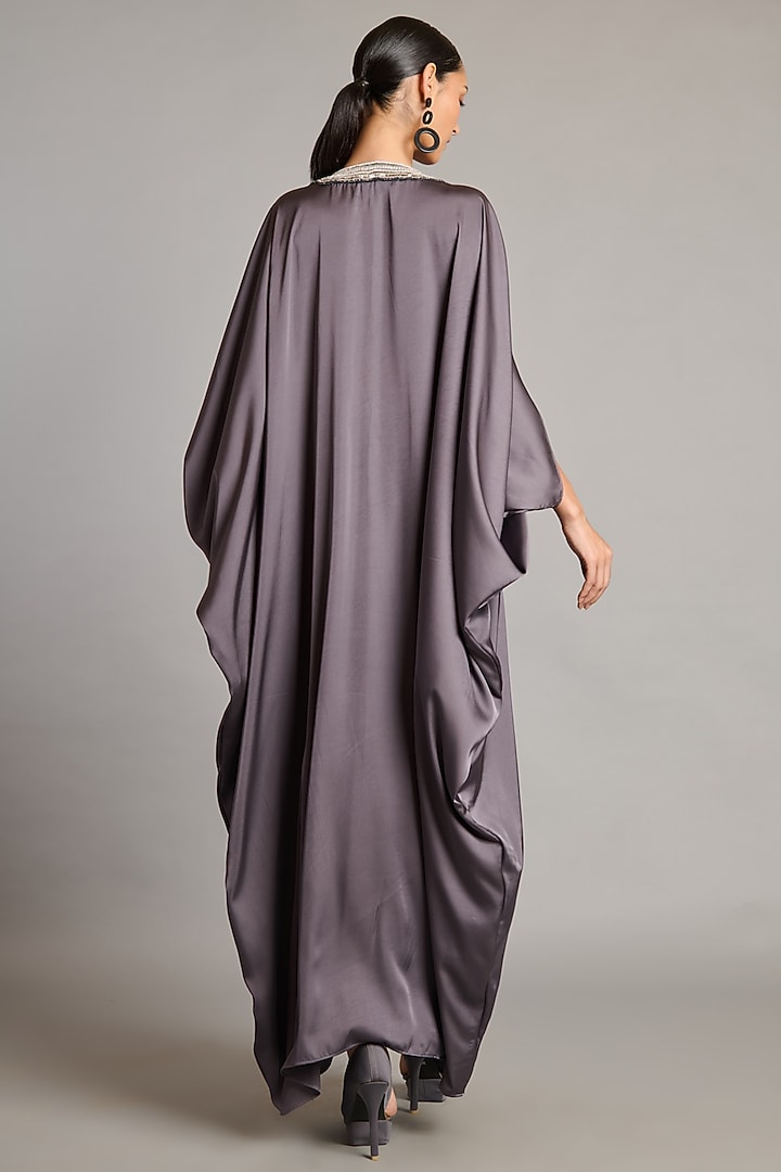 Charcoal Grey Satin Embellished Kaftan by Siddartha Tytler at Pernia's Pop Up Shop