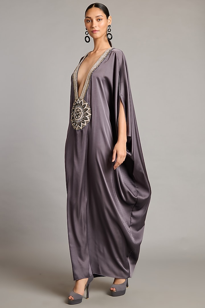 Charcoal Grey Satin Embellished Kaftan by Siddartha Tytler at Pernia's Pop Up Shop