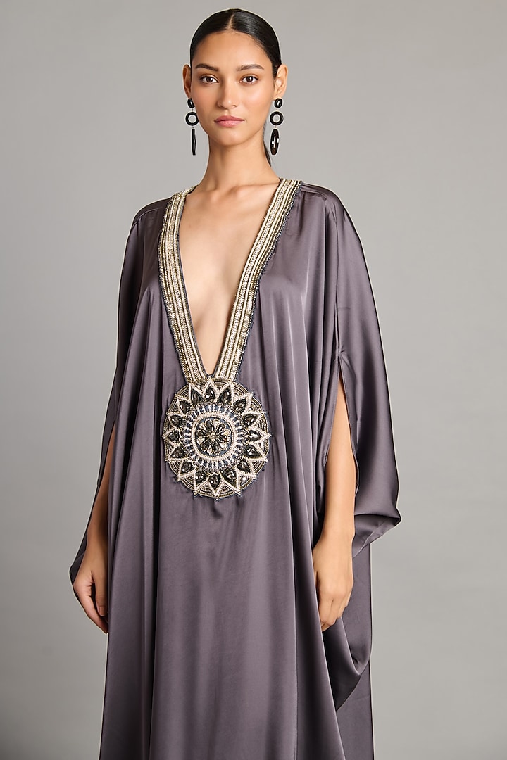 Charcoal Grey Satin Embellished Kaftan by Siddartha Tytler at Pernia's Pop Up Shop