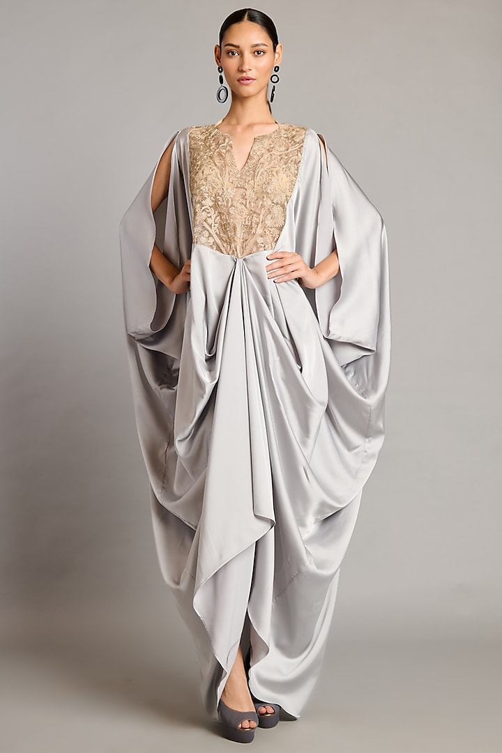 Steel Grey Satin Zari Embroidered Kaftan by Siddartha Tytler at Pernia's Pop Up Shop