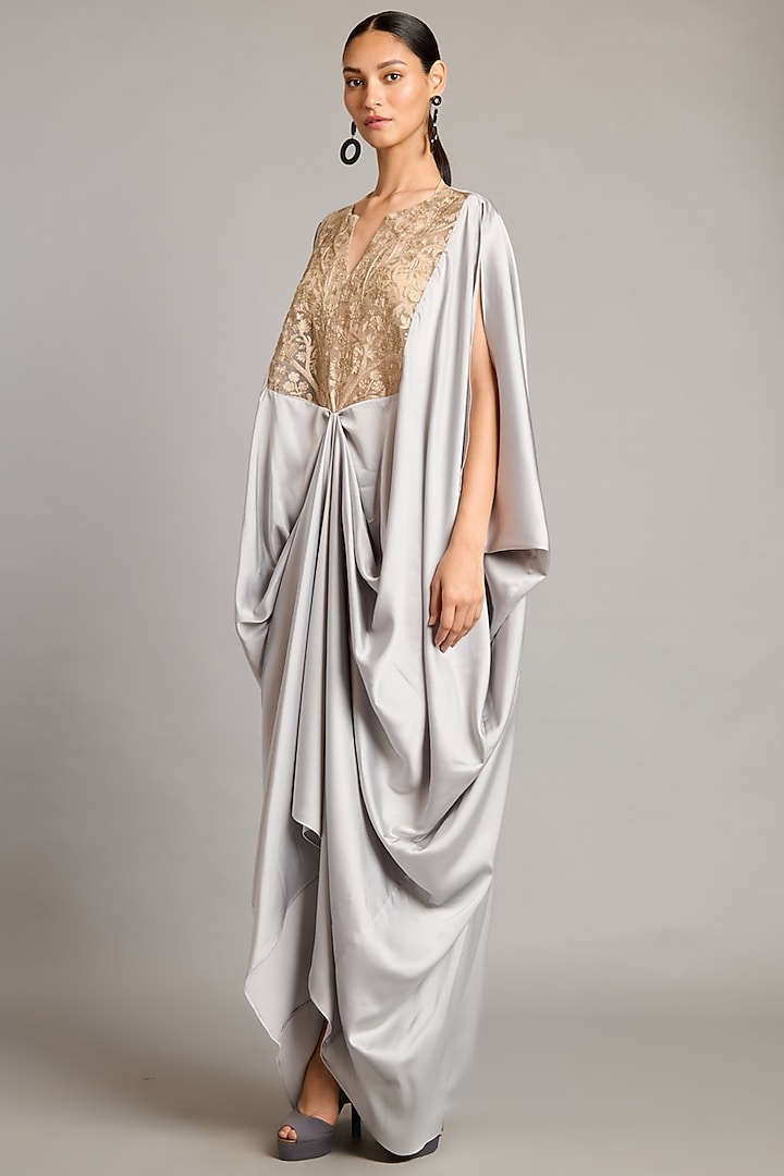 Steel Grey Satin Zari Embroidered Kaftan by Siddartha Tytler at Pernia's Pop Up Shop