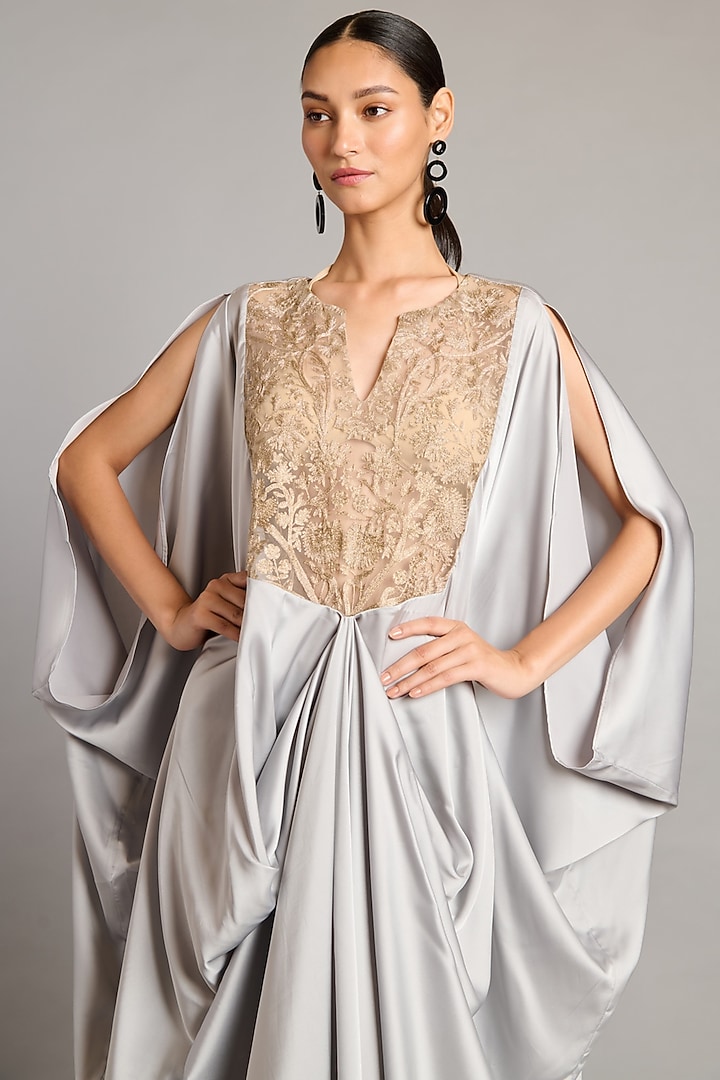 Steel Grey Satin Zari Embroidered Kaftan by Siddartha Tytler at Pernia's Pop Up Shop