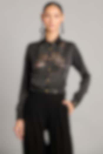 Black Satin Embroidered Shirt by Siddartha Tytler at Pernia's Pop Up Shop