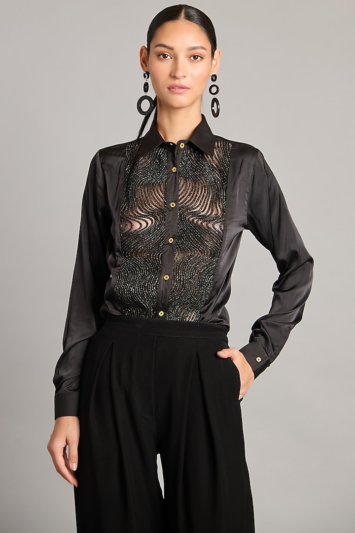 Black Satin Embroidered Shirt by Siddartha Tytler at Pernia's Pop Up Shop