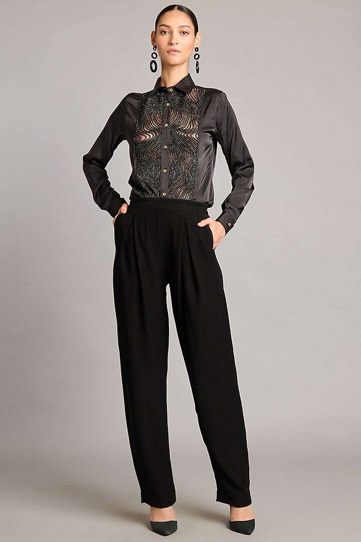 Black Satin Embroidered Shirt by Siddartha Tytler at Pernia's Pop Up Shop
