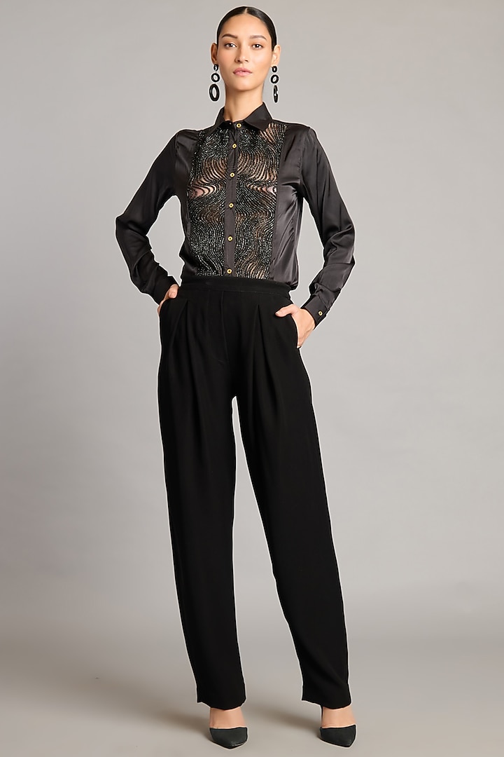 Black Microfiber & Knit Korean Pants by Siddartha Tytler at Pernia's Pop Up Shop