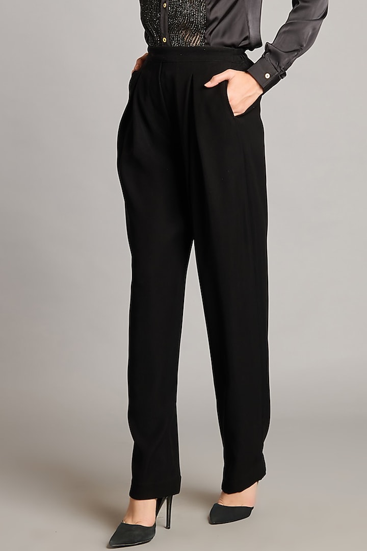 Black Microfiber & Knit Korean Pants by Siddartha Tytler at Pernia's Pop Up Shop