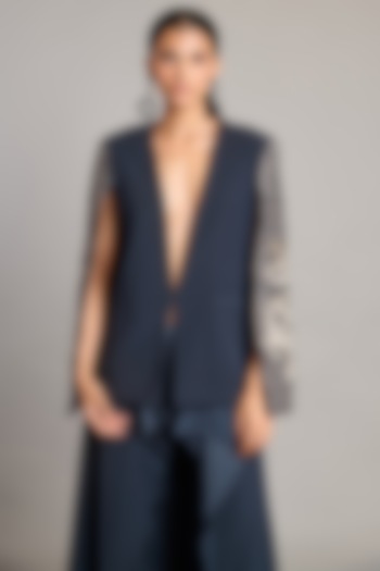 Slate Grey Microfiber & Heavy Knit Embroidered Jacket by Siddartha Tytler at Pernia's Pop Up Shop