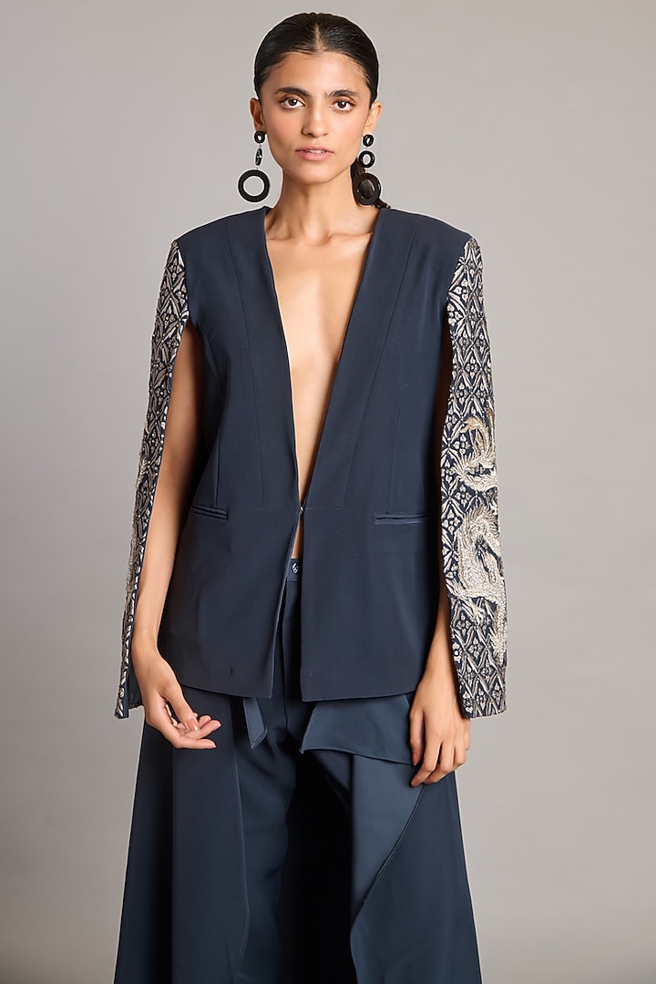 Slate Grey Microfiber & Heavy Knit Embroidered Jacket by Siddartha Tytler at Pernia's Pop Up Shop