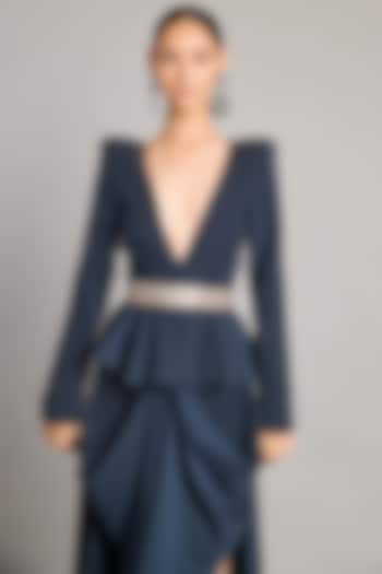 Slate Grey Microfiber & Heavy Knit Peplum Blazer by Siddartha Tytler at Pernia's Pop Up Shop