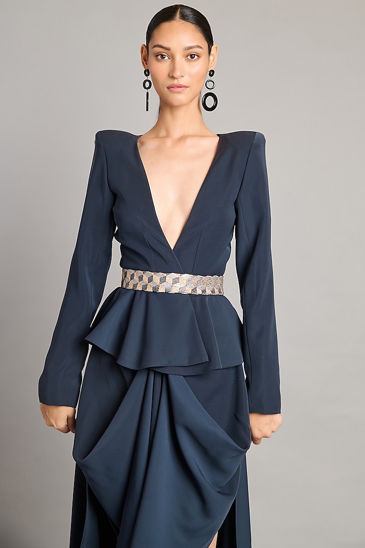 Slate Grey Microfiber & Heavy Knit Peplum Blazer by Siddartha Tytler at Pernia's Pop Up Shop