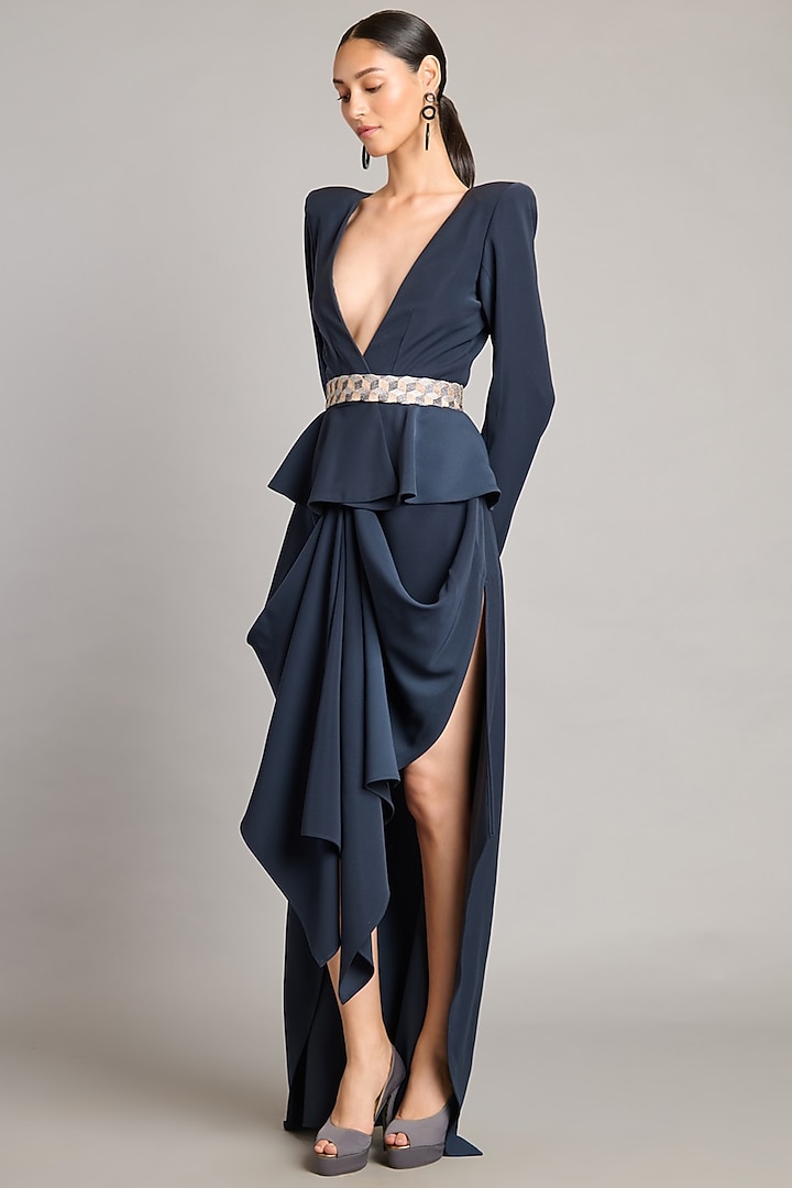 Slate Grey Microfiber & Heavy Knit Peplum Blazer by Siddartha Tytler at Pernia's Pop Up Shop