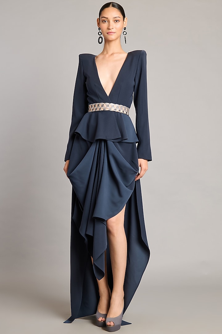 Slate Grey Microfiber & Heavy Knit Peplum Blazer by Siddartha Tytler at Pernia's Pop Up Shop